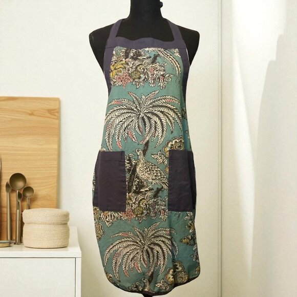 Drew Barrymore Flower Home Apron Teal / Navy Blue with Bird & Palm Tree Pockets - Picture 1 of 1